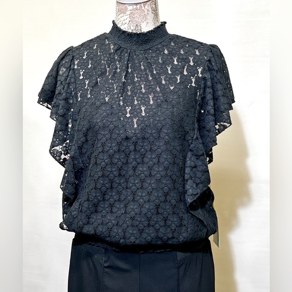 CECE Black lace flutter sleeve smocked top size M‎ - Picture 1 of 14